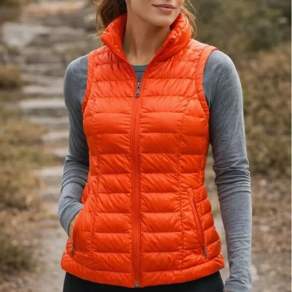 Athleta Downalicious Womens Small Orange Goose Down Puffer Vest Athleisure - Picture 1 of 9
